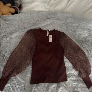 Dolan Brown Top with Sheer Patterned Sleeves